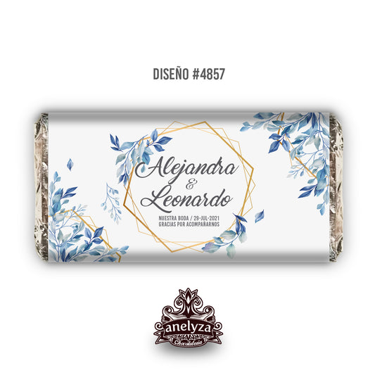 BARRAS DE CHOCOLATE PERSONALIZADAS DISEÑO #4857 HOJAS AZULES BODAS