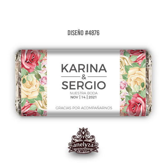 BARRAS DE CHOCOLATE PERSONALIZADAS DISEÑO #4876 ROSAS ROJAS CON AMARILLO BODAS