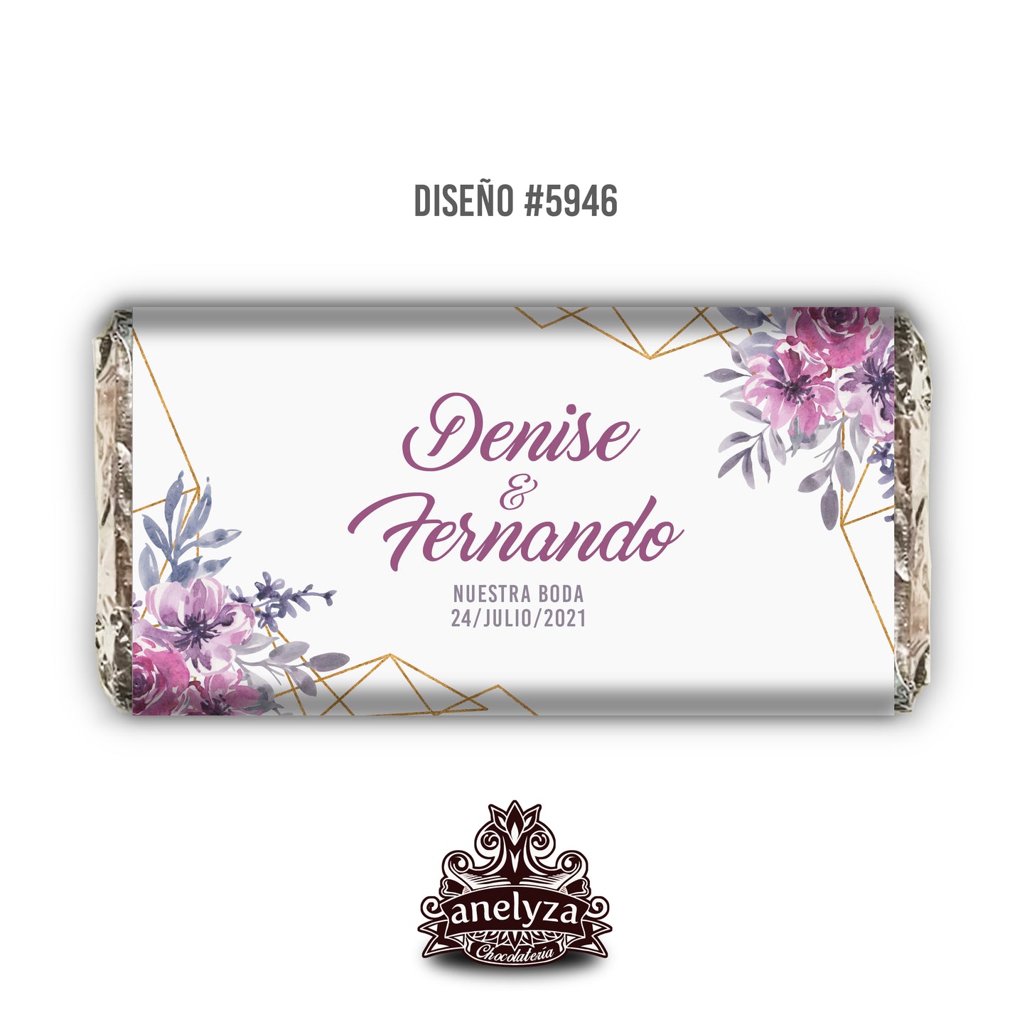 BARRAS DE CHOCOLATE PERSONALIZADAS DISEÑO #5946 FLORES MORADAS CON DORADO BODAS
