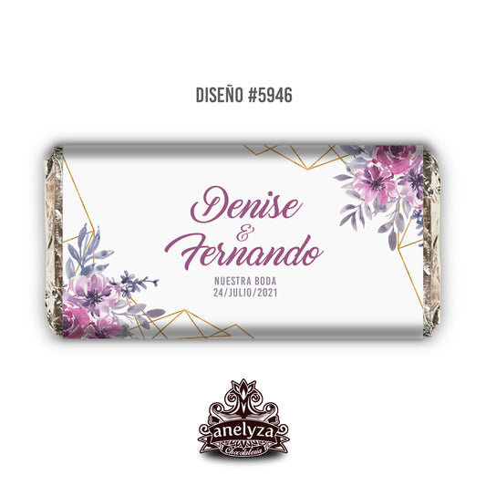BARRAS DE CHOCOLATE PERSONALIZADAS DISEÑO #5946 FLORES MORADAS CON DORADO BODAS