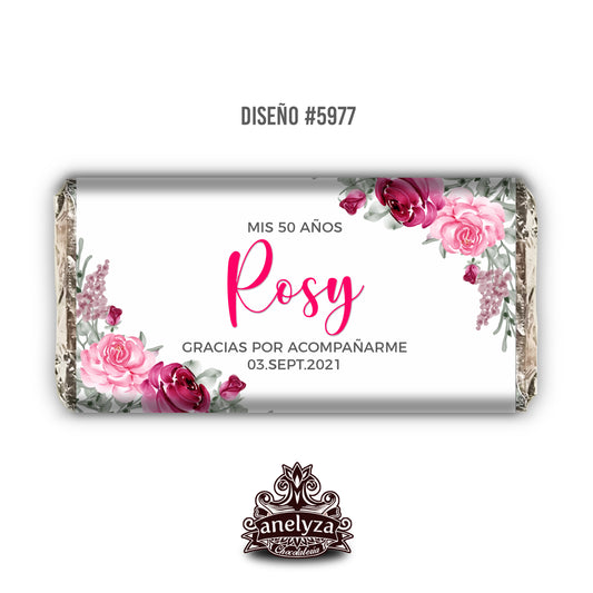 BARRAS DE CHOCOLATE PERSONALIZADAS DISEÑO #5977 ROSAS CUMPLEAÑOS MUJER