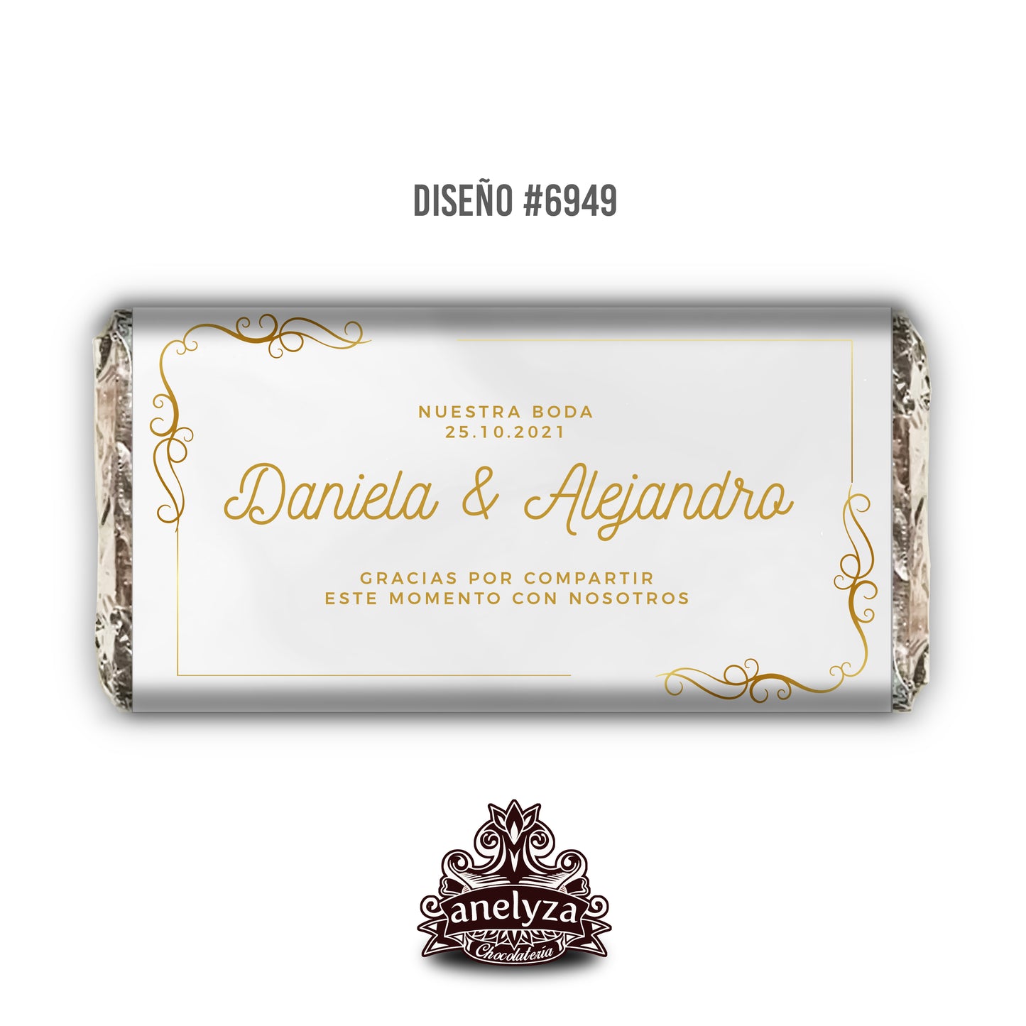 BARRAS DE CHOCOLATE PERSONALIZADAS DISEÑO #6949 FONDO BLANCO CON DORADO BODAS