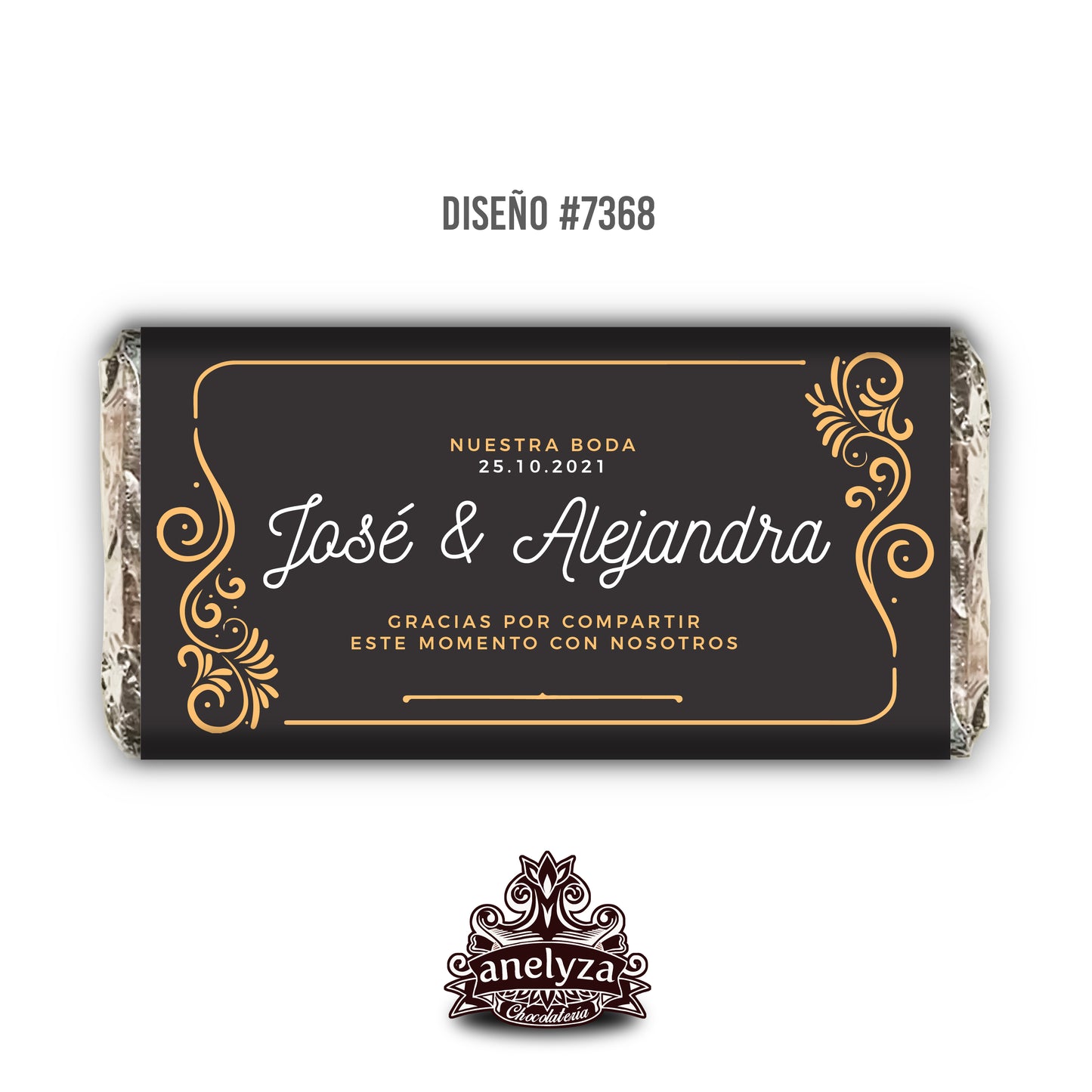 BARRAS DE CHOCOLATE PERSONALIZADAS DISEÑO #7368 FONDO NEGRO CON DORADO BODAS
