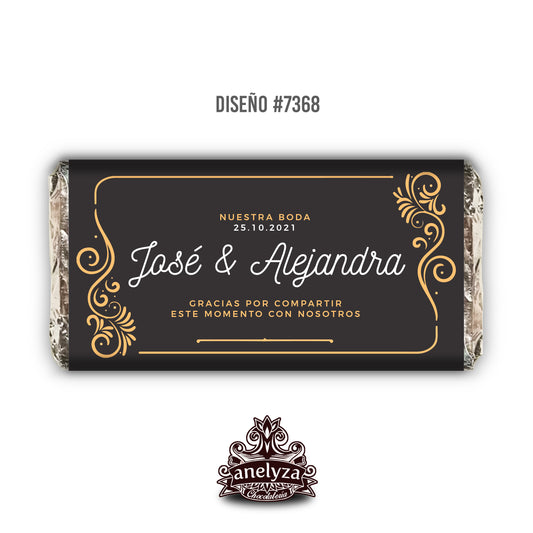 BARRAS DE CHOCOLATE PERSONALIZADAS DISEÑO #7368 FONDO NEGRO CON DORADO BODAS