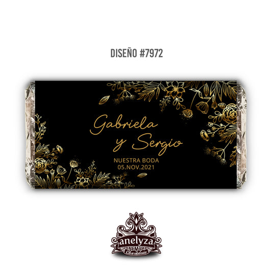 BARRAS DE CHOCOLATE PERSONALIZADAS DISEÑO #7972 FONDO NEGRO CON DORADO BODAS