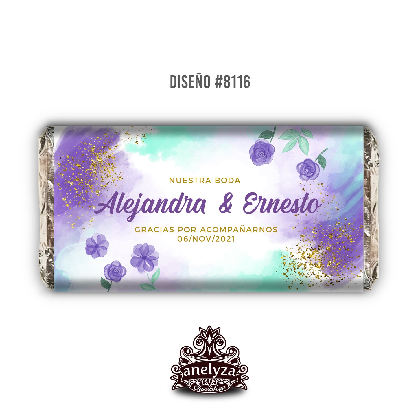 BARRAS DE CHOCOLATE PERSONALIZADAS DISEÑO #8116 ACUARELA MORADO VERDE FLORES BODAS