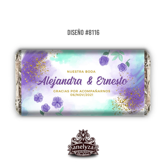 BARRAS DE CHOCOLATE PERSONALIZADAS DISEÑO #8116 ACUARELA MORADO VERDE FLORES BODAS