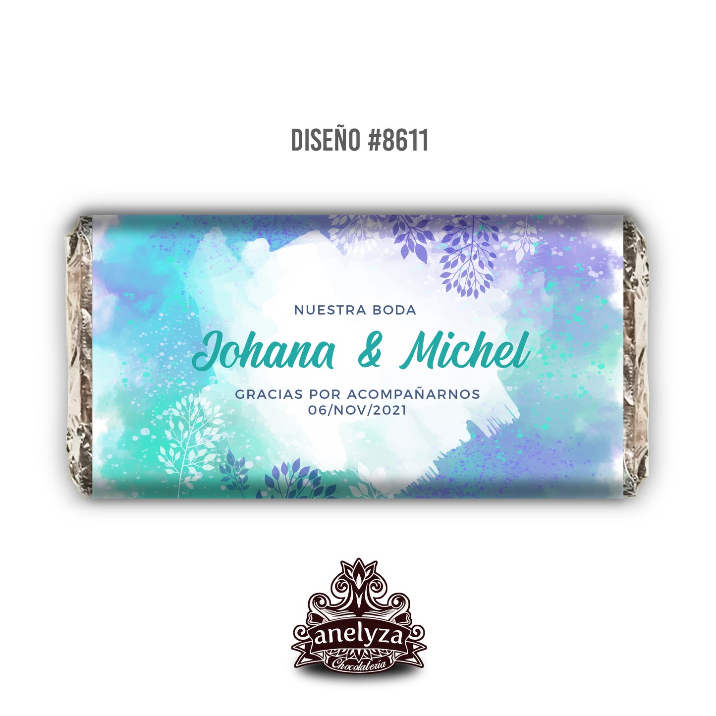 BARRAS DE CHOCOLATE PERSONALIZADAS DISEÑO #8611 ACUARELA AZUL Y MORADO BODAS