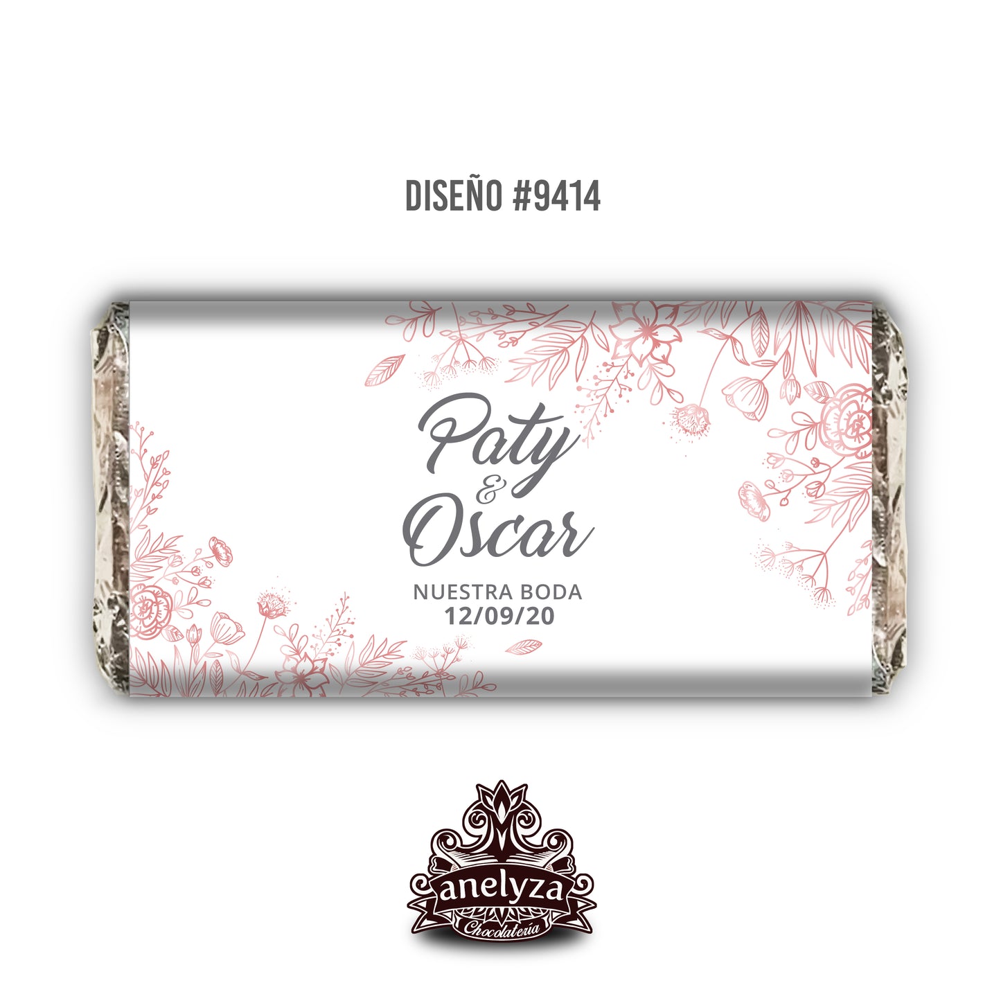 BARRAS DE CHOCOLATE PERSONALIZADAS DISEÑO #9414 FLORES ROSE GOLD BODAS