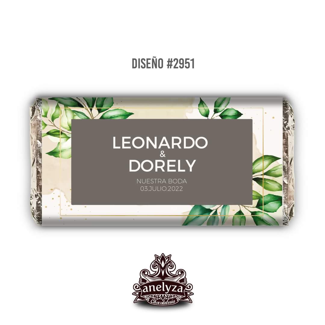 BARRAS DE CHOCOLATE PERSONALIZADAS DISEÑO #2951 HOJAS VERDES BODAS