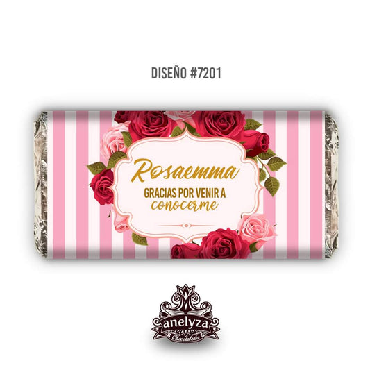 BARRAS DE CHOCOLATE PERSONALIZADAS DISEÑO #7201 ROSAS ROJAS NACIMIENTO/BABY SHOWER