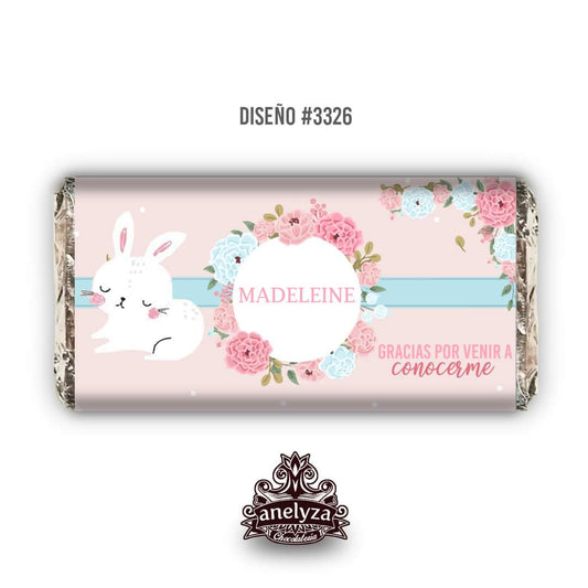 BARRAS DE CHOCOLATE PERSONALIZADAS DISEÑO #3326 CONEJITA NACIMIENTO/BABY SHOWER