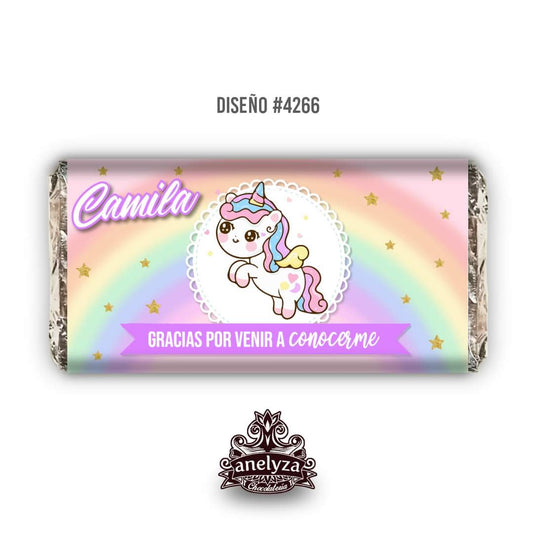 BARRAS DE CHOCOLATE PERSONALIZADAS DISEÑO #4266 UNICORNIO NACIMIENTO/BABY SHOWER
