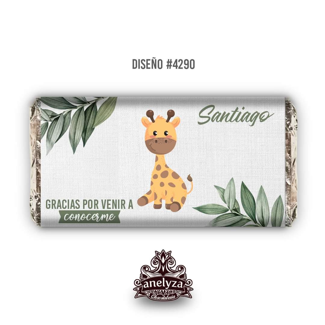 BARRAS DE CHOCOLATE PERSONALIZADAS DISEÑO #4290 JIRAFA NACIMIENTO/BABY SHOWER