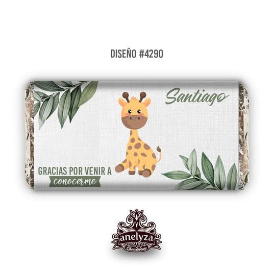 BARRAS DE CHOCOLATE PERSONALIZADAS DISEÑO #4290 JIRAFA NACIMIENTO/BABY SHOWER