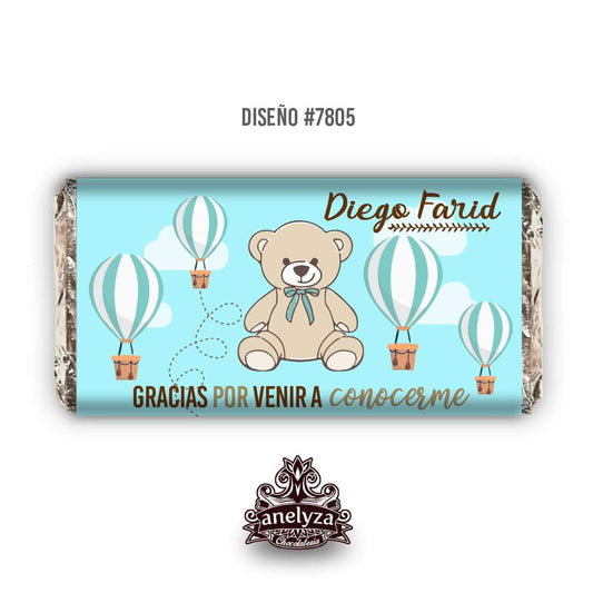 BARRAS DE CHOCOLATE PERSONALIZADAS DISEÑO #7805 OSITO NACIMIENTO/BABY SHOWER