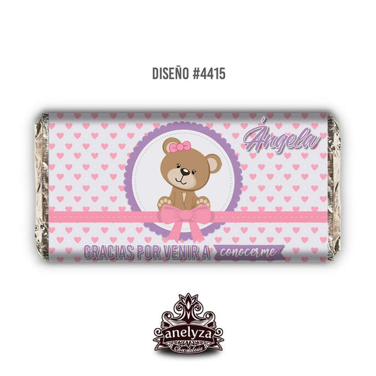 BARRAS DE CHOCOLATE PERSONALIZADAS DISEÑO #4415 OSITA NACIMIENTO/BABY SHOWER