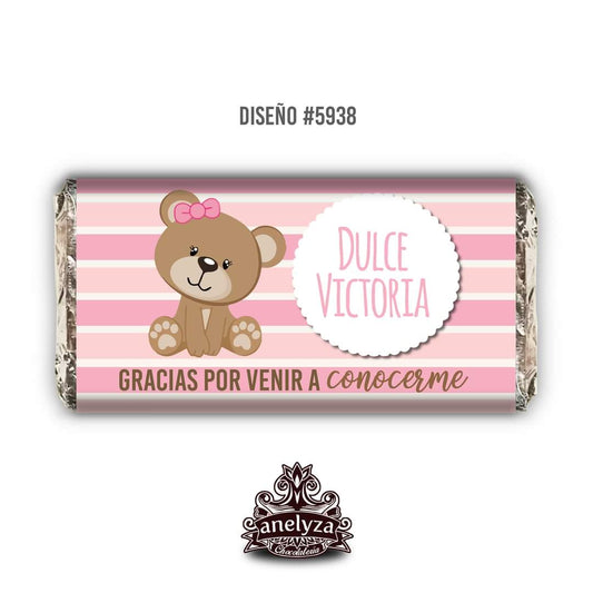BARRAS DE CHOCOLATE PERSONALIZADAS DISEÑO #5938 OSITA NACIMIENTO/BABY SHOWER