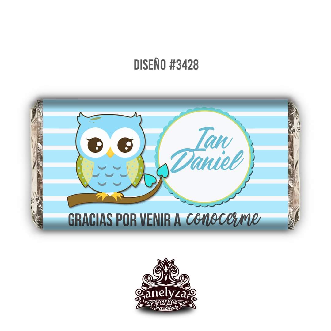 BARRAS DE CHOCOLATE PERSONALIZADAS DISEÑO #3428 BUHO NACIMIENTO/BABY SHOWER