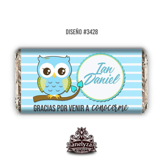 BARRAS DE CHOCOLATE PERSONALIZADAS DISEÑO #3428 BUHO NACIMIENTO/BABY SHOWER