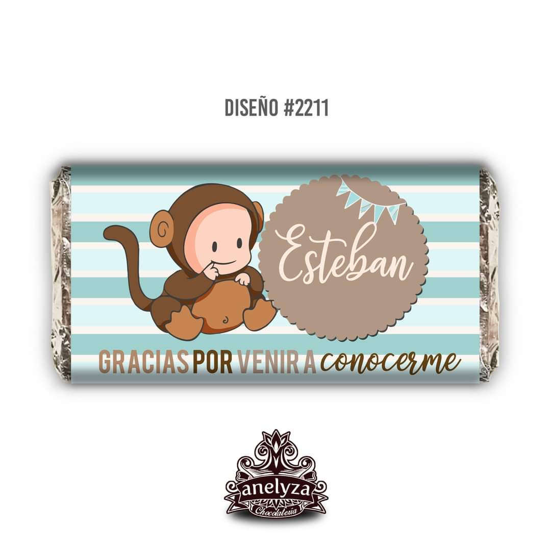 BARRAS DE CHOCOLATE PERSONALIZADAS DISEÑO #2211 CHANGUITO NACIMIENTO/BABY SHOWER