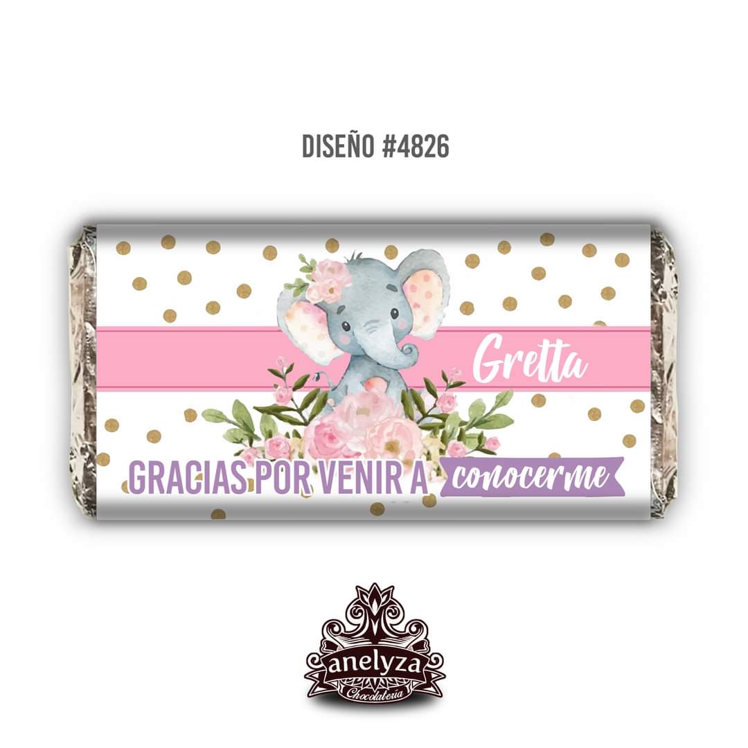 BARRAS DE CHOCOLATE PERSONALIZADAS DISEÑO #4826 ELEFANTITA NACIMIENTO/BABY SHOWER