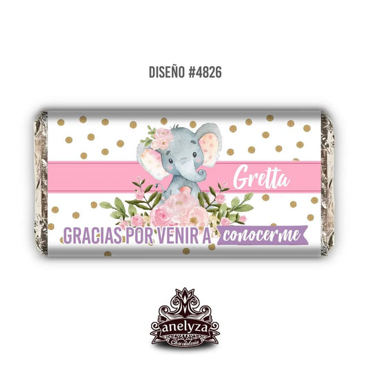 BARRAS DE CHOCOLATE PERSONALIZADAS DISEÑO #4826 ELEFANTITA NACIMIENTO/BABY SHOWER