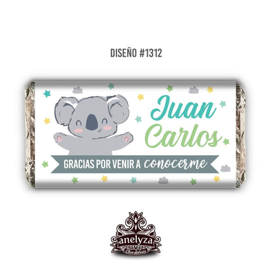 BARRAS DE CHOCOLATE PERSONALIZADAS DISEÑO #1312 KOALA NACIMIENTO/BABY SHOWER
