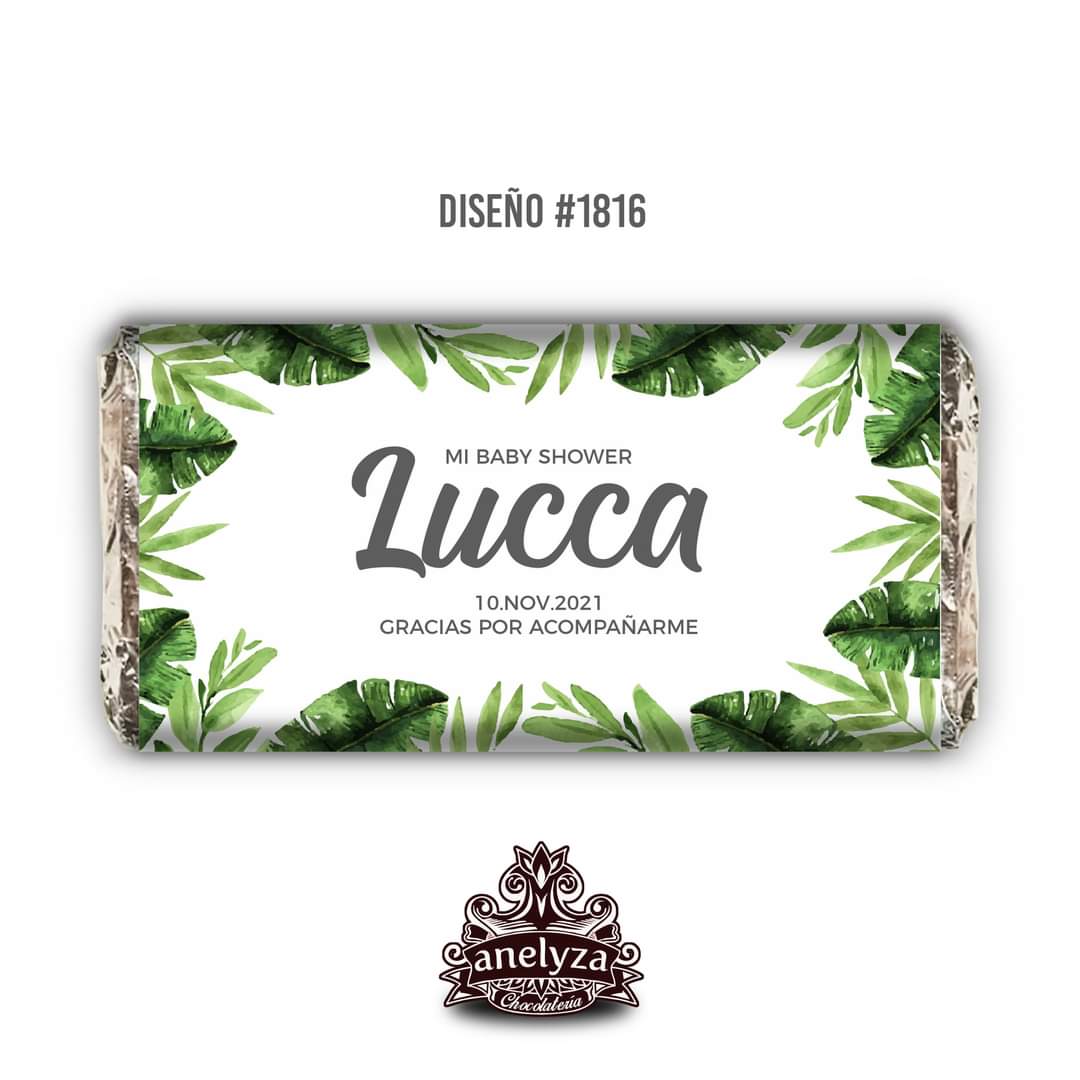 BARRAS DE CHOCOLATE PERSONALIZADAS DISEÑO #1816 HOJAS VERDES NACIMIENTO/BABY SHOWER