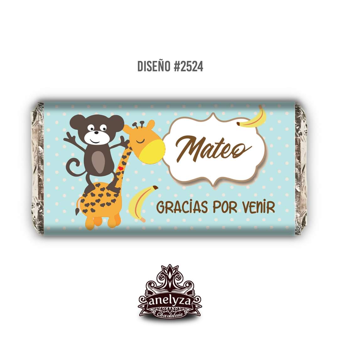 BARRAS DE CHOCOLATE PERSONALIZADAS DISEÑO #2524 CHANGUITO JIRAFA NACIMIENTO/BABY SHOWER