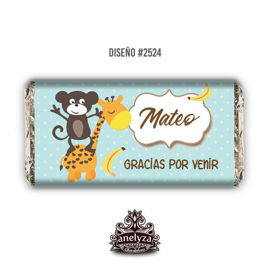 BARRAS DE CHOCOLATE PERSONALIZADAS DISEÑO #2524 CHANGUITO JIRAFA NACIMIENTO/BABY SHOWER