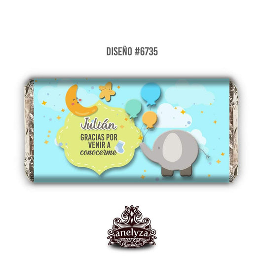BARRAS DE CHOCOLATE PERSONALIZADAS DISEÑO #6735 ELEFANTITO NACIMIENTO/BABY SHOWER