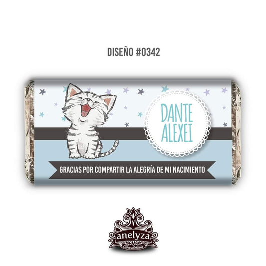 BARRAS DE CHOCOLATE PERSONALIZADAS DISEÑO #0342 GATITO NACIMIENTO/BABY SHOWER
