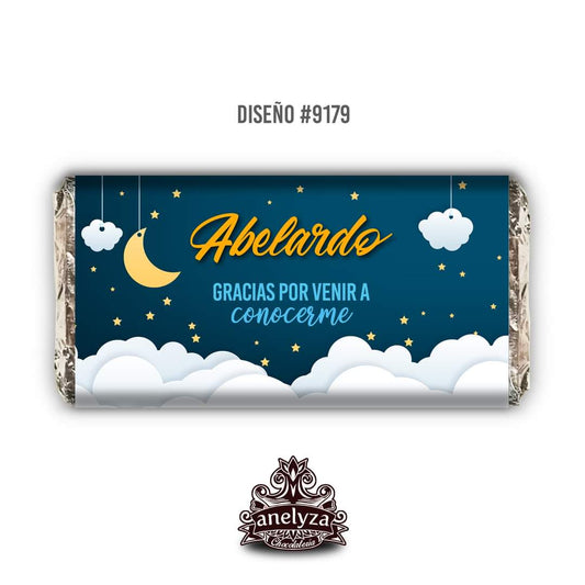 BARRAS DE CHOCOLATE PERSONALIZADAS DISEÑO #9179 NOCHE ESTRELLAS NACIMIENTO/BABY SHOWER
