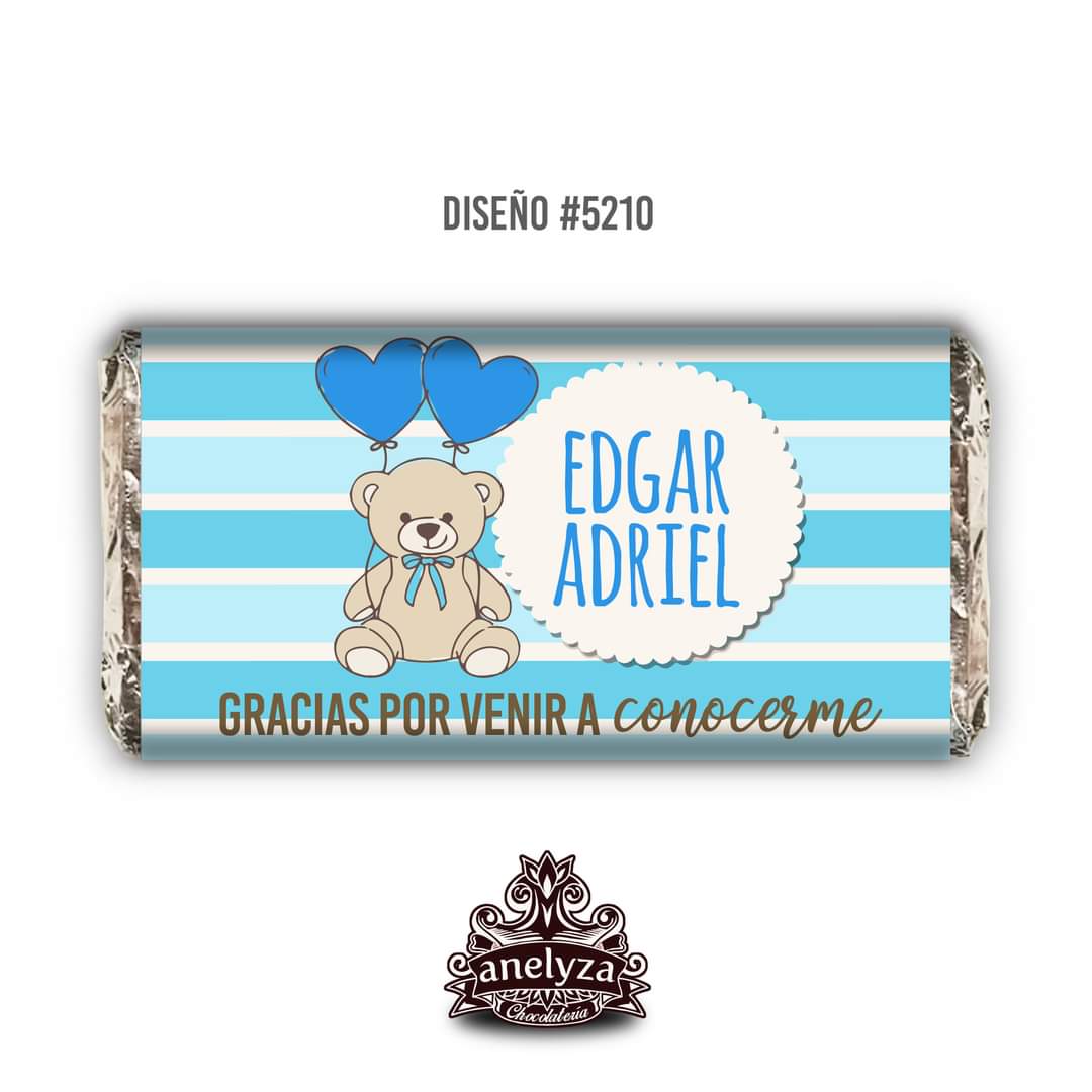 BARRAS DE CHOCOLATE PERSONALIZADAS DISEÑO #5210 OSITO NACIMIENTO/BABY SHOWER