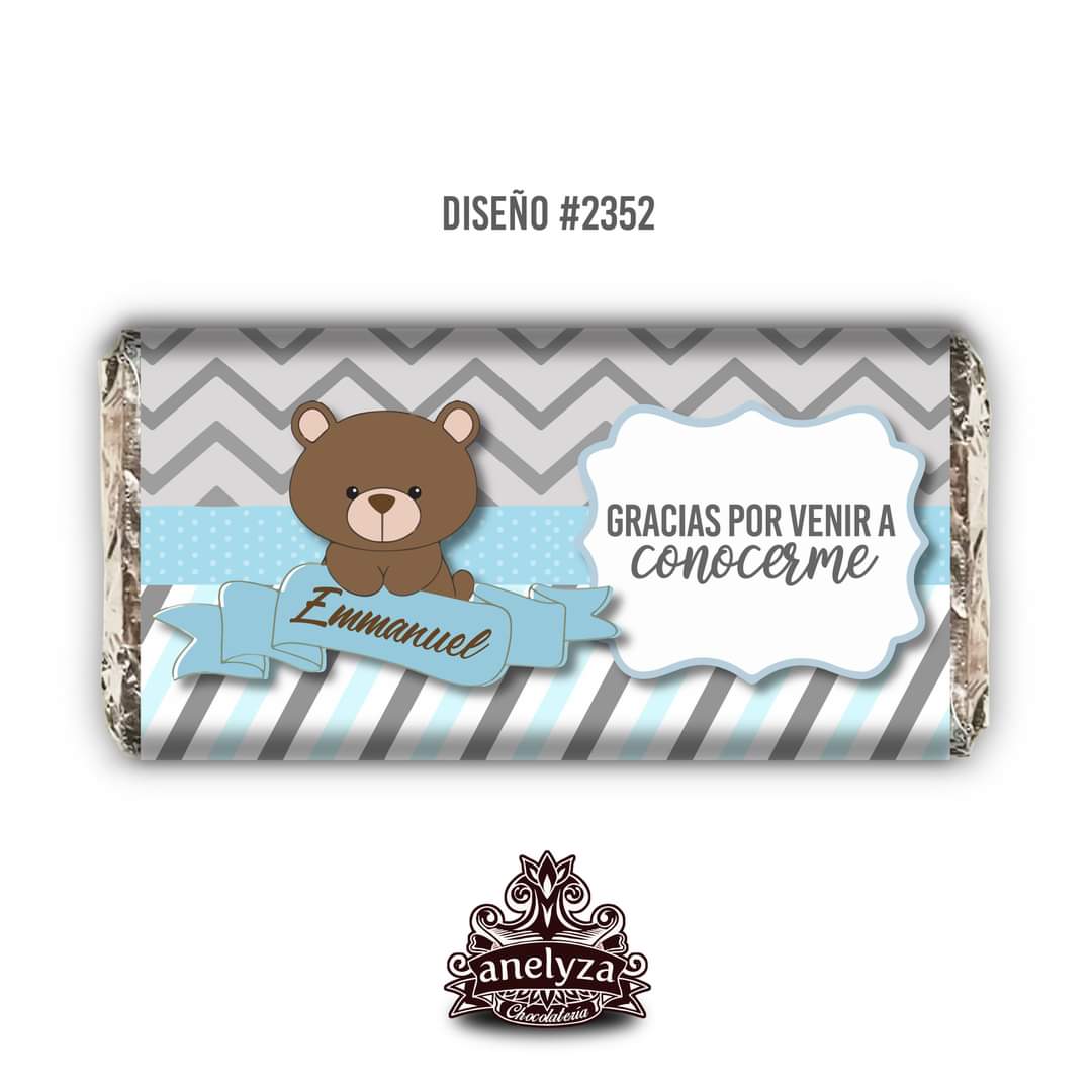 BARRAS DE CHOCOLATE PERSONALIZADAS DISEÑO #2352 OSITO NACIMIENTO/BABY SHOWER