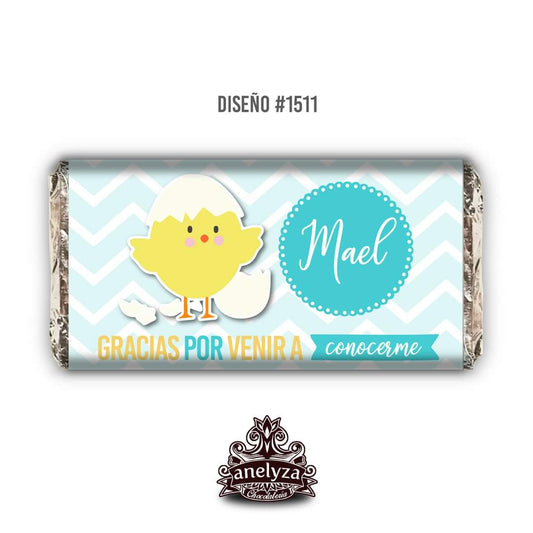 BARRAS DE CHOCOLATE PERSONALIZADAS DISEÑO #1511 POLLITO NACIMIENTO/BABY SHOWER