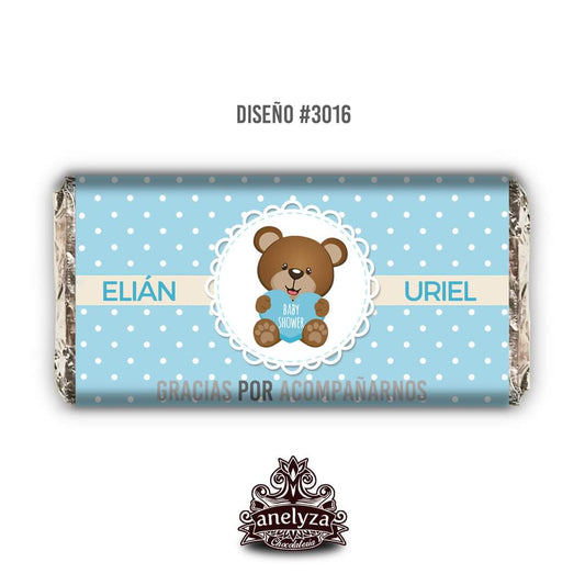 BARRAS DE CHOCOLATE PERSONALIZADAS DISEÑO #3016 OSITO NACIMIENTO/BABY SHOWER