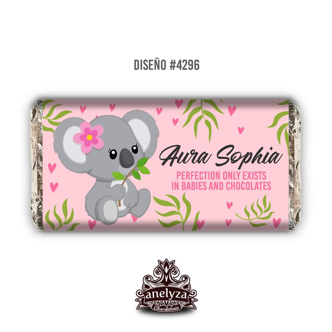 BARRAS DE CHOCOLATE PERSONALIZADAS DISEÑO #4296 KOALA NACIMIENTO/BABY SHOWER