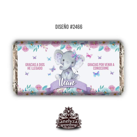 BARRAS DE CHOCOLATE PERSONALIZADAS DISEÑO #2466 ELEFANTITA NACIMIENTO/BABY SHOWER