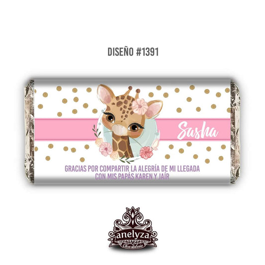 BARRAS DE CHOCOLATE PERSONALIZADAS DISEÑO #1391 JIRAFA NACIMIENTO/BABY SHOWER