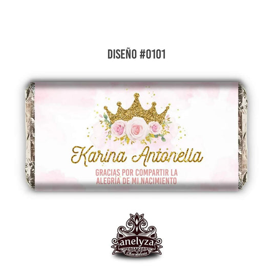 BARRAS DE CHOCOLATE PERSONALIZADAS DISEÑO #0101 PRINCESA NACIMIENTO/BABY SHOWER