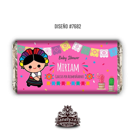 BARRAS DE CHOCOLATE PERSONALIZADAS DISEÑO #7682 MUÑEQUITA MEXICANA NACIMIENTO/BABY SHOWER