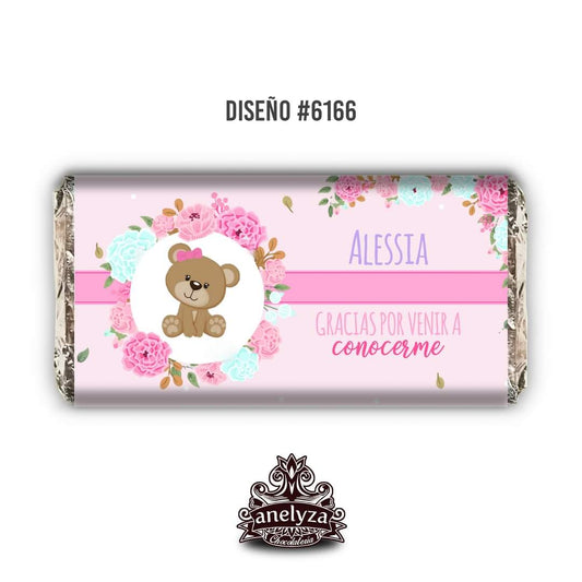 BARRAS DE CHOCOLATE PERSONALIZADAS DISEÑO #6166 OSITA NACIMIENTO/BABY SHOWER