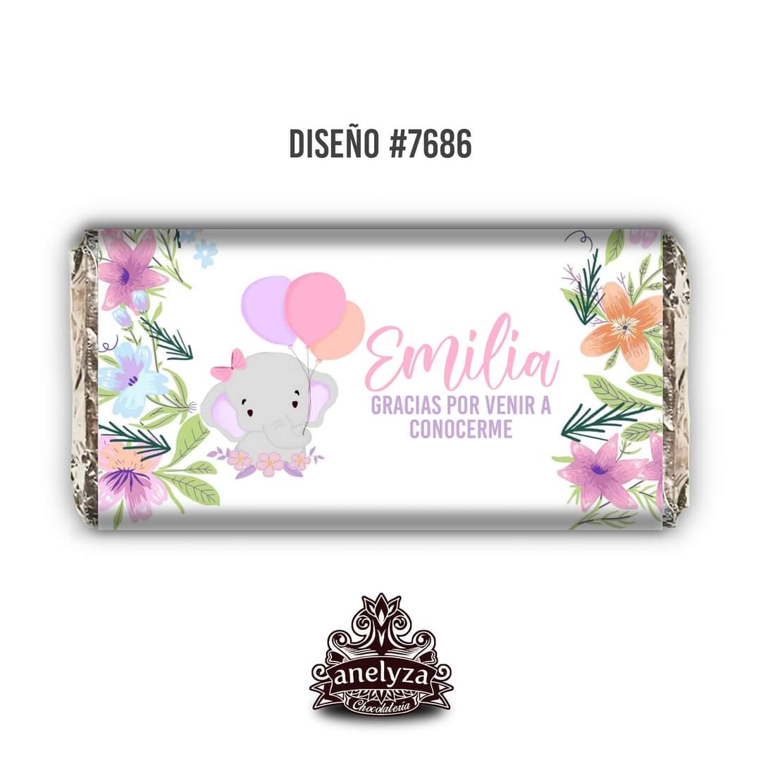 BARRAS DE CHOCOLATE PERSONALIZADAS DISEÑO #7686 ELEFANTITA NACIMIENTO/BABY SHOWER