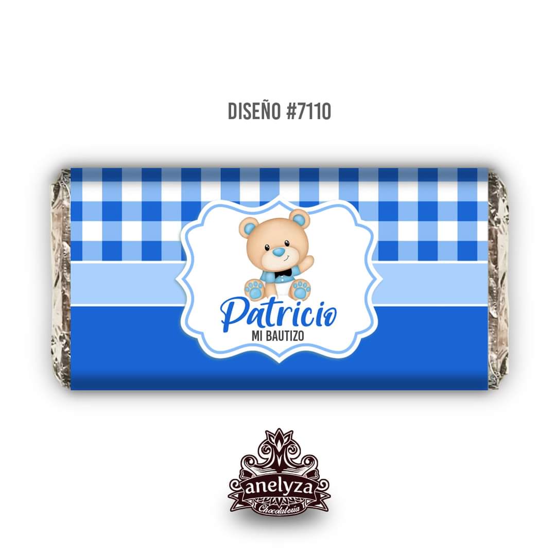 BARRAS DE CHOCOLATE PERSONALIZADAS DISEÑO #7110 OSITO BAUTIZO/PRIMERA COMUNIÓN