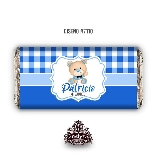 BARRAS DE CHOCOLATE PERSONALIZADAS DISEÑO #7110 OSITO BAUTIZO/PRIMERA COMUNIÓN