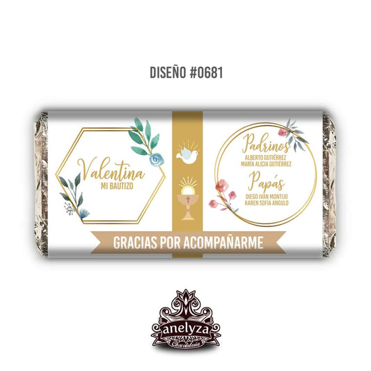 BARRAS DE CHOCOLATE PERSONALIZADAS DISEÑO #0681 DORADO BAUTIZO/PRIMERA COMUNIÓN