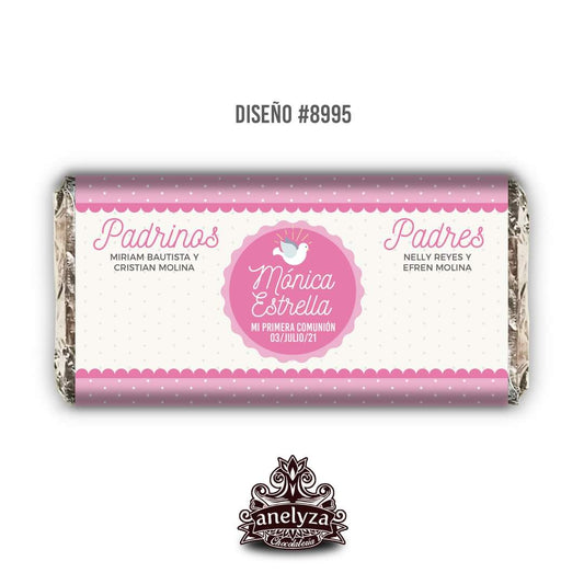 BARRAS DE CHOCOLATE PERSONALIZADAS DISEÑO #8995 ROSA BAUTIZO/PRIMERA COMUNIÓN