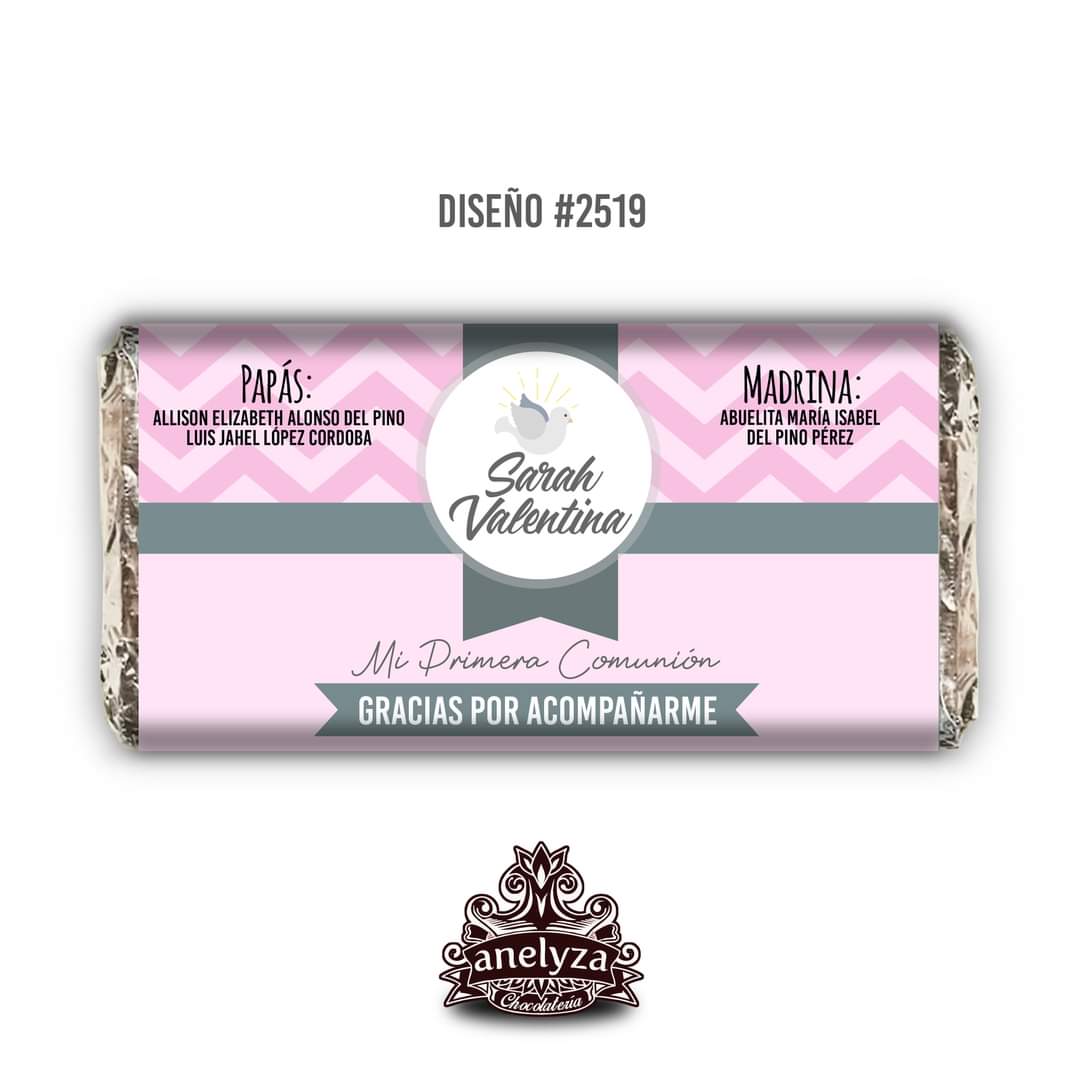 BARRAS DE CHOCOLATE PERSONALIZADAS DISEÑO #2519 ROSA BAUTIZO/PRIMERA COMUNIÓN
